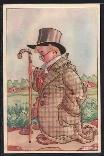 Künstler-AK Karel L. Links: Junge mit zu grossem karierten Mantel, Zylinder und Gehstock