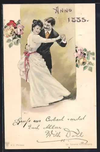 Künstler-AK sign. H. Weber: Jugendstil anno 1885, Elegantes Paar beim Tanz, Blumen