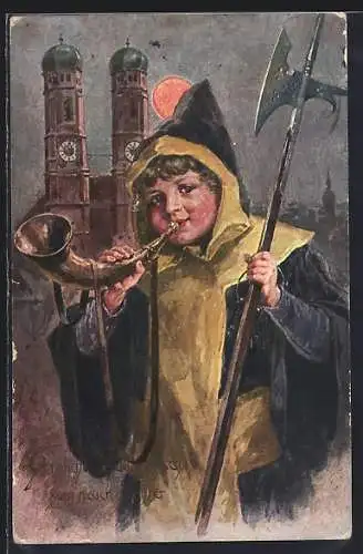 Künstler-AK München, Münchner Kindl mit Horn, Blick zur Frauenkirche