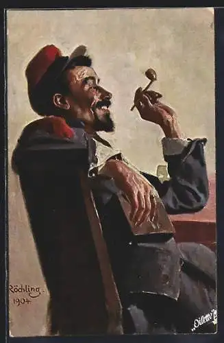Künstler-AK sign. C. Röchling: Soldat mit Tabakpfeife sitzt am Tisch