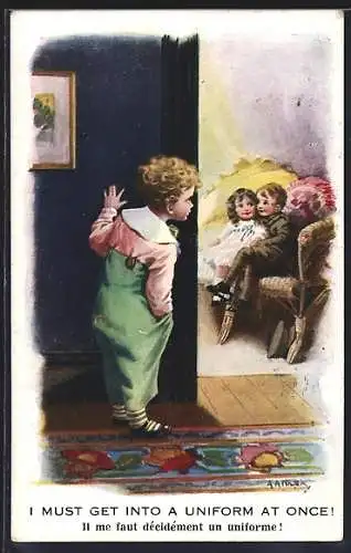 Künstler-AK Kinder Kriegspropaganda, Soldat kuschelt mit Mädchen und wird von Jungen beobachtet, I must get a Uniform