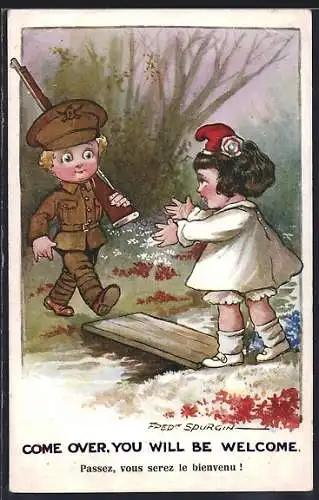 Künstler-AK Fred Spurgin: Come over, you will be welcome, britischer Junge marschiert zum frz. Mädchen hinüber, Entente