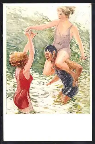 Künstler-AK H.Krenes: Mann und Frauen balgen im Meer