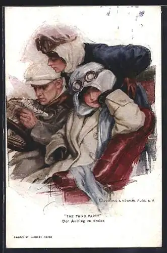 Künstler-AK Harrison Fisher: The Third Party, zwei Damen und ein Herr mit Landkarte im Auto