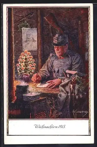Künstler-AK Franz Kuderna: Kriegsweihnacht 1915, österr. Soldat schreibt einen Brief im Unterstand