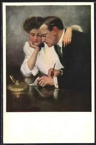 Künstler-AK Clarence F.Underwood: Paar am Tisch mit Tintenfeder ein Dokument unterzeichnend