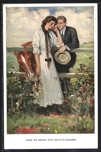Künstler-AK Clarence F.Underwood: Liebespaar auf der Pferdekoppel, Pferd versucht den Strauss Blumen zu erreichen
