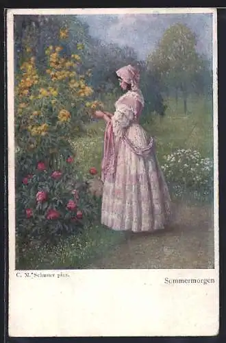 Künstler-AK M. Munk Nr. 1130 b: Sommermorgen, Fräulein pflückt Blumen