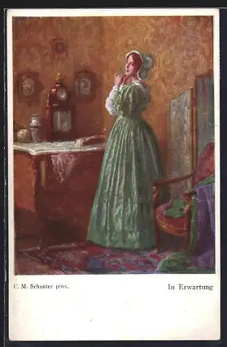 Künstler-AK Karl Maria Schuster: In Erwartung, junge Frau macht sich schön