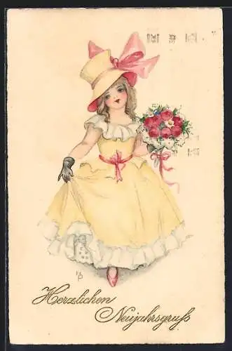 Künstler-AK Hannes Petersen: Fräulein im Kleid mit Blumen, Neujahrsgruss