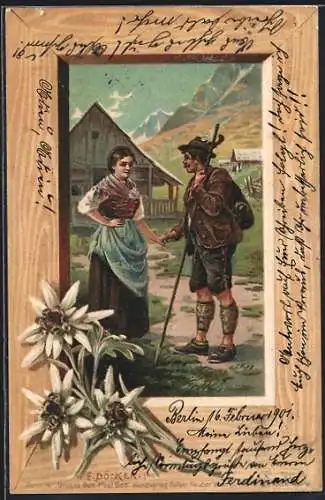 Künstler-AK E. Döcker: Wanderer mit Gehstock hält die Hand der Frau und schaut sie an, Edelweiss