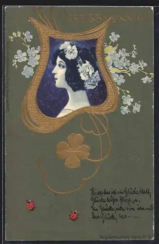 Lithographie Mädchenprofil in Zierrahmen, Klee und Vergissmeinnicht, Jugendstil