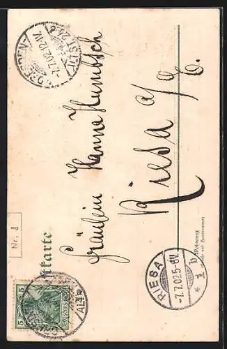 Lithographie Mädchenprofil in Zierrahmen, Klee und Vergissmeinnicht, Jugendstil