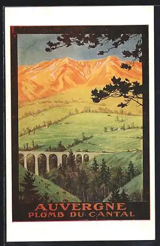 Künstler-AK Le Plomb du Cantal, Panorama mit Viadukt und Gebirge