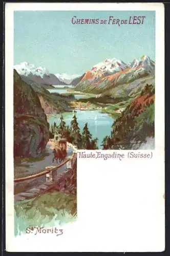 Künstler-AK St. Moritz, Chemins de Fer de L`est, Haute Engadine