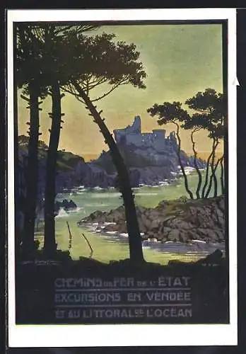 Künstler-AK Chemins de Fer de l`État, Excursions en Vendée et au Littorale de l`Océan, Idyll mit Burg