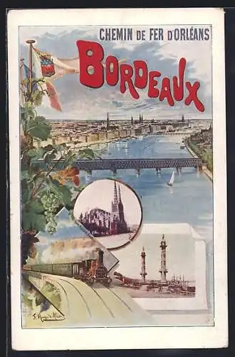 AK Bordeaux, Blick zum Ort, Kirche, Eisenbahn, Uferpartie, Segelboot