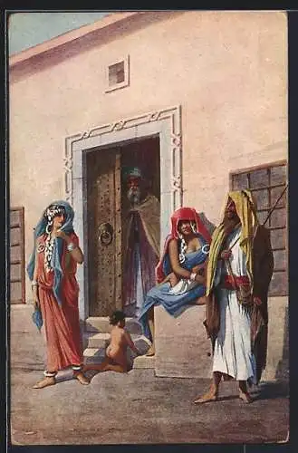 AK Frauen und Männer in typischer Tracht vor einem Gebäude, arabische Volkstypen