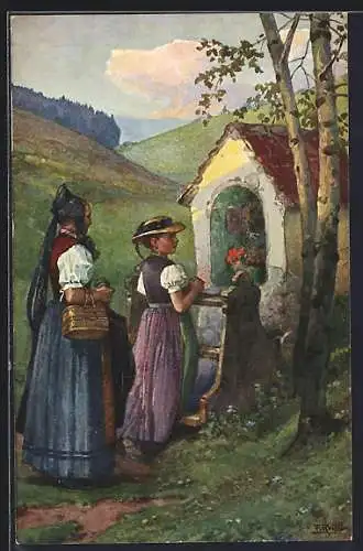 Künstler-AK Fritz Reiss: Schwarzwälder Leben, Mutter mit Tochter beten am Bildstock