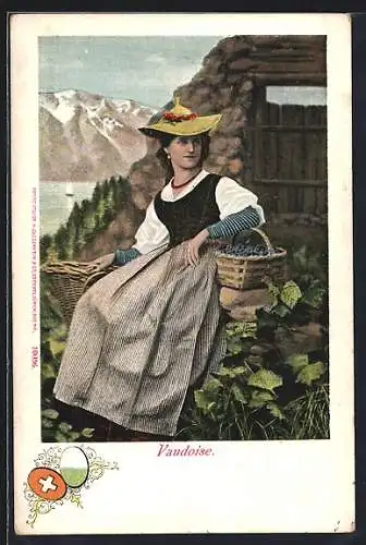 AK Vaudoise, Frau in Tracht mit einem Korb Weintrauben