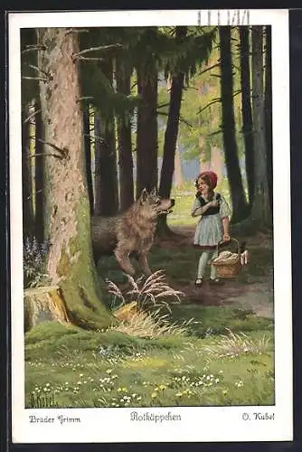 Künstler-AK Otto Kubel: Brüder Grimm, Rotkäppchen, Nr. 2, Wolf begegnet dem Rotkäppchen im Walde