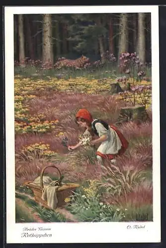 Künstler-AK Otto Kubel: Rotkäppchen pflückt einen Strauss Blumen