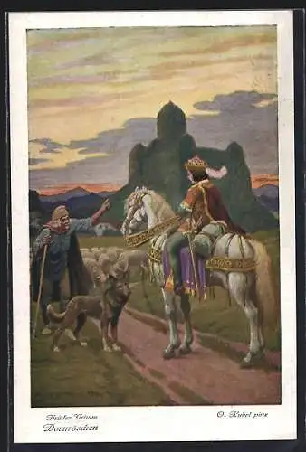 Künstler-AK Otto Kubel: Dornröschen, Mann auf Pferd trifft einen alten Schäfer