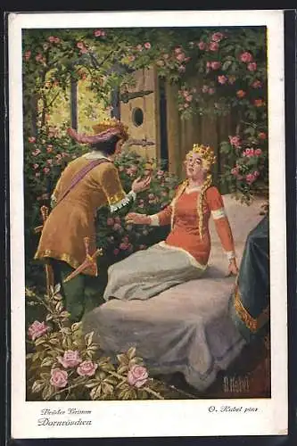 Künstler-AK Otto Kubel: Brüder Grimm, Dornröschen, Prinzessin erwacht durch des Prinzens Kuss