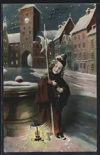AK Kleiner Nachtwächter mit Hellebarde und Laterne im Winter, Neujahrsgruss
