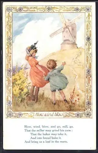 Künstler-AK Margaret W. Tarrant: Kinder auf Wiese mit Windmühle
