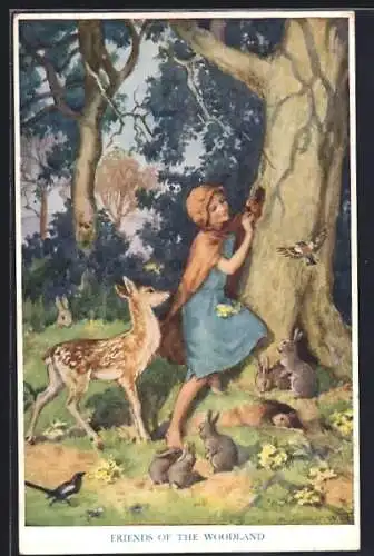 Künstler-AK Margaret W. Tarrant: Friends of the Woodland, Mädchen kümmert sich um die Tiere im Wald