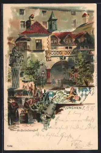 Künstler-AK T.Guggenberger: München, Gäste im Innenhof des Münchner Hofbräuhauses