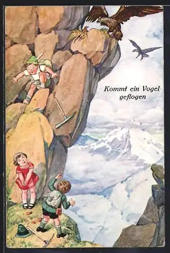 Künstler-AK Kleine Bergsteiger und Adler