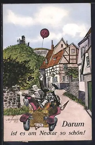 Künstler-AK Drei Männer fahren einem Auto durch einen Ort, Darum ist es am Neckar so schön!