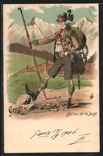 Lithographie Reisender in Tracht mit Bergsteigausrüstung