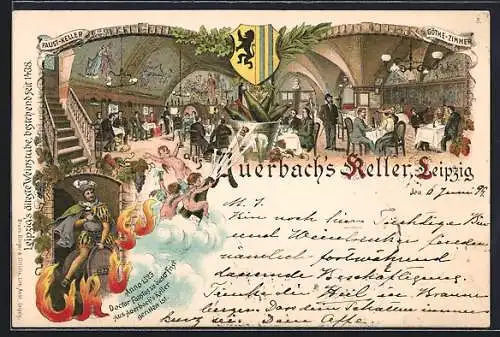 Lithographie Leipzig, Gäste im Auerbachs-Keller, Doctor Faustus auf dem Fass, Wappen