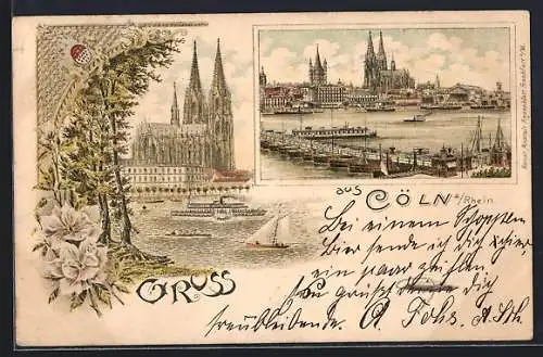 Lithographie Köln, Gesamtansicht, Dom vom Rhein aus gesehen