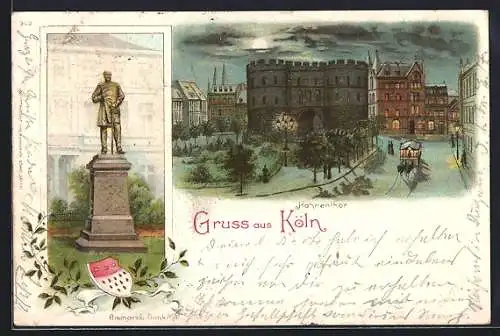 Lithographie Köln, Hahnentor mit Bismarck-Denkmal