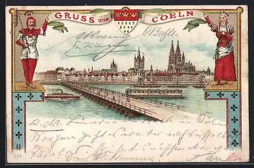 Lithographie Coeln, Panorama mit Dampfer