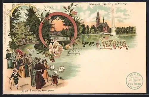 Lithographie Leipzig, An der Brücke im Johannapark, Blick nach kath. Kirche und Pleissenburg, Lutherkirche