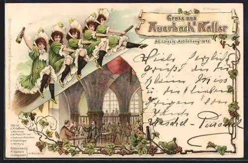 Lithographie Alt-Leipzig, Ausstellung 1897, Auerbach`s Keller, Innenansicht & auf Besen reitende Frauen