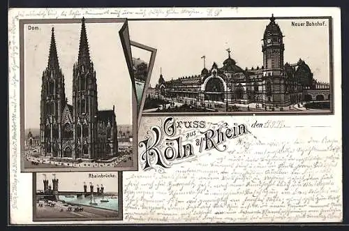 Lithographie Köln, Dom, Neuer Bahnhof und Rheinbrücke