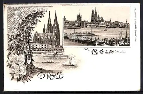 Lithographie Cöln, Dom, Rheinpartie mit Schiffsbrücke