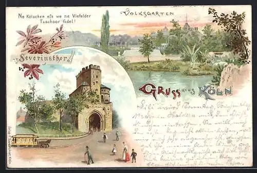 Lithographie Köln-Neustadt, Severinstor, Volksgarten, Pferdebahn
