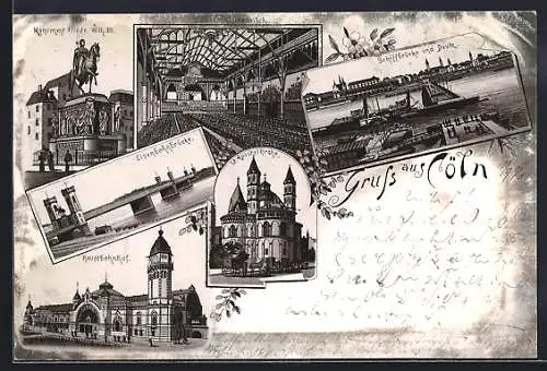 Lithographie Köln, Saal im Gürzenich, Festsaal, Schiffbrücke und Deutz, Eisenbahnbrücke, Hauptbahnhof