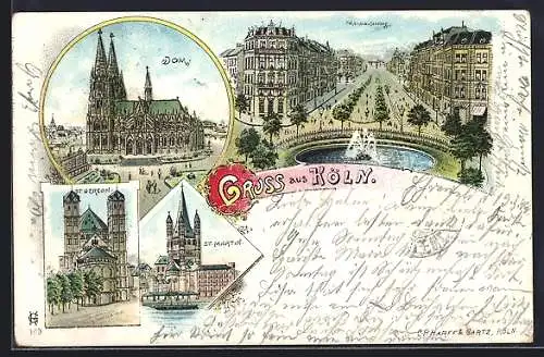 Lithographie Köln-Neustadt, Blick in den Hohenstaufenring, St. Gereon