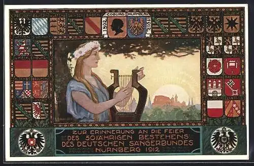 AK Nürnberg, 8. Deutsches Sängerbundesfest 1912, Erinnerung ans 50jährige Bestehen des dt. Sängerbundes, Frau mit Lyra