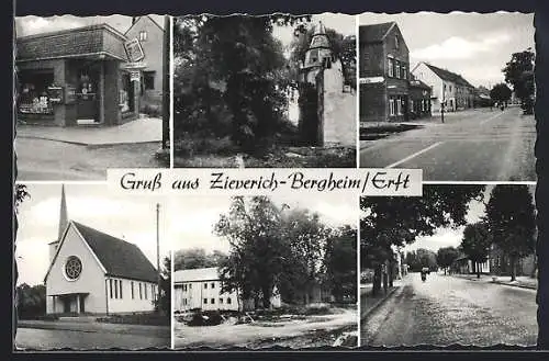AK Zieverich-Bergheim / Erft, Lebensmittelgeschäft Elisabeth Rollef, Kirche, Ortspartien