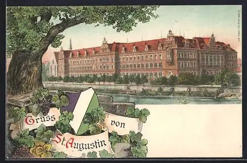 Künstler-AK Grimma, St. Augustin Gymnasium, Wappen & Wein