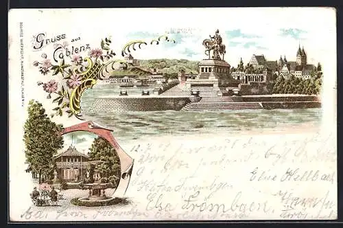 Lithographie Coblenz, Trinkhalle Rheinanlagen, Denkmal Wilhelm I. vom Wasser aus